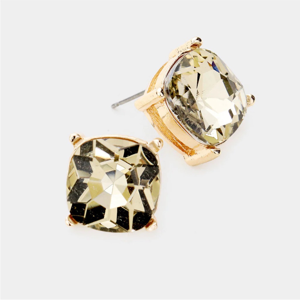 Faceted Square Stone Stud Earrings Chunky Champagne Gold New